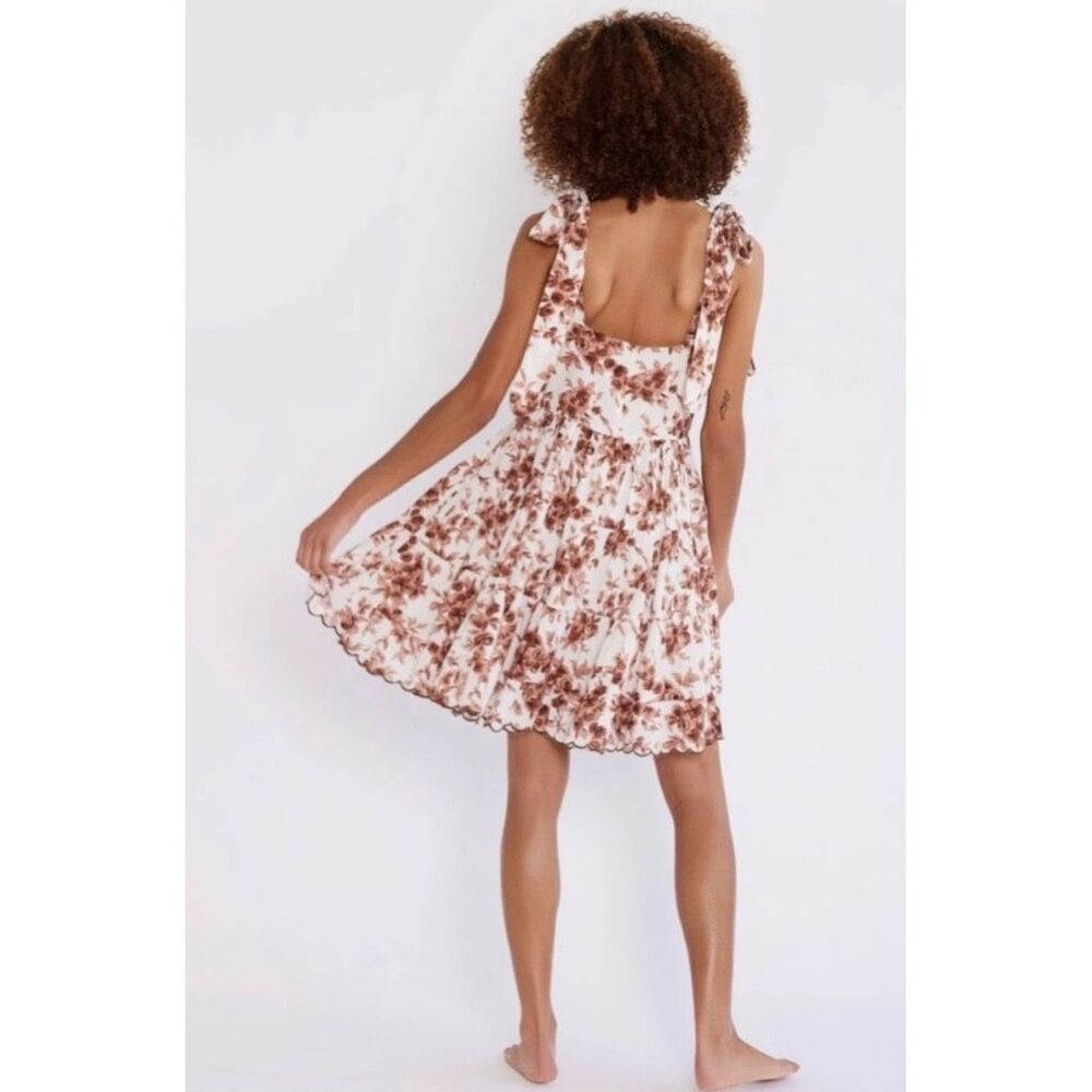 Mille Kiara Dress Small Brown Floral Tie Shoulder Tiered Ruffle Square Neck Boho - Picture 2 of 9